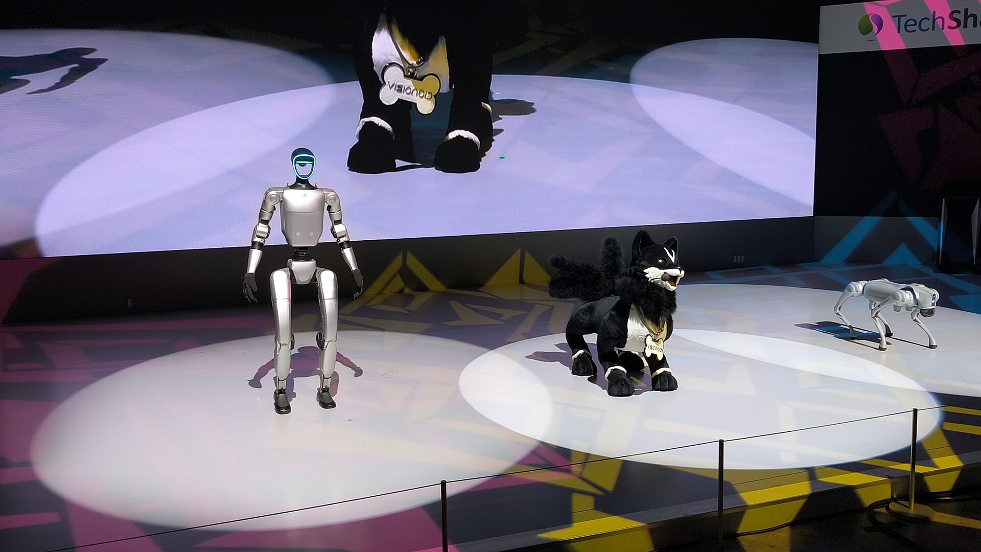 A humanoid robot and two quadruped robots under spotlights on a show stage